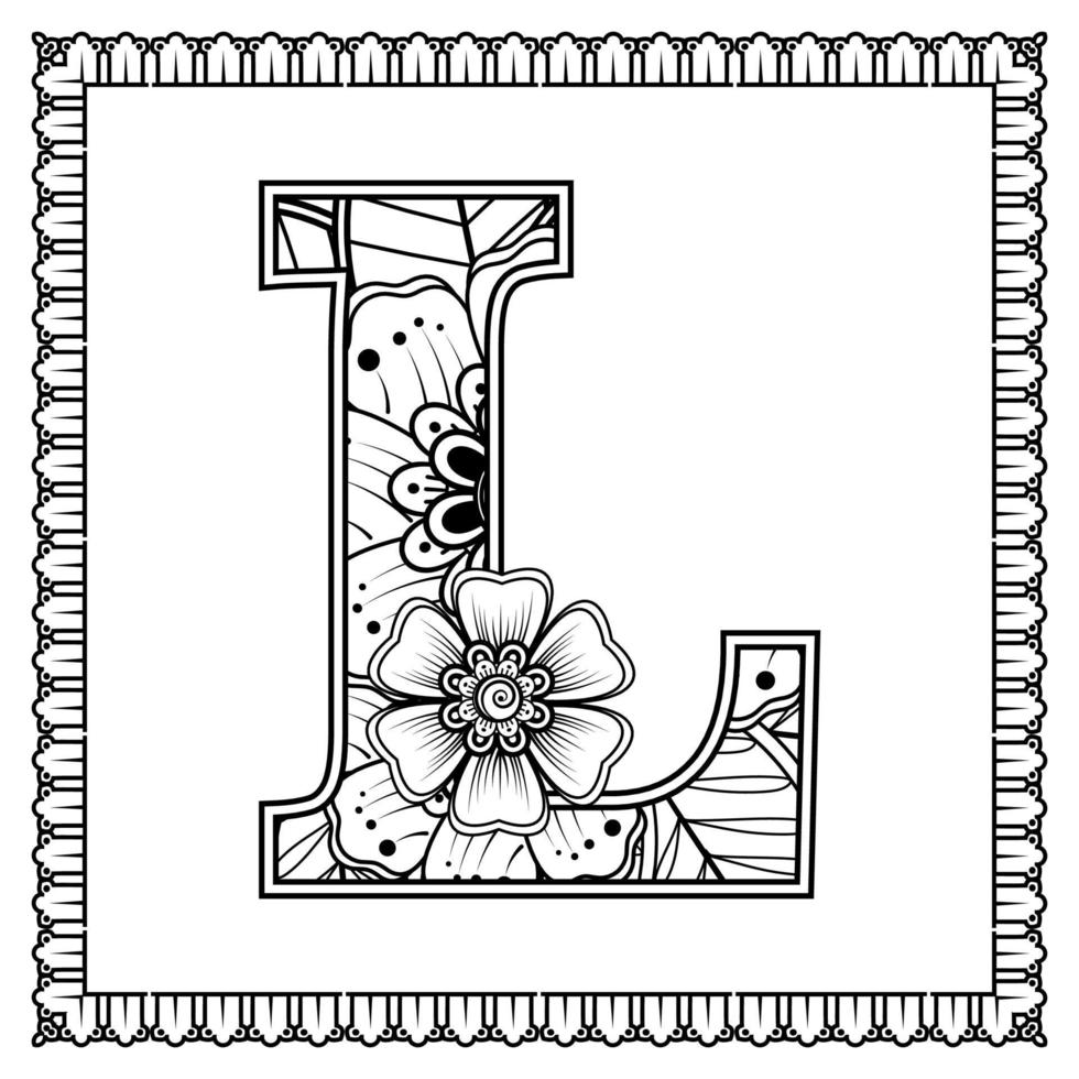 letra l hecha de flores en estilo mehndi. página de libro para colorear.  Ilustración de vector de dibujo a mano de contorno. 4395023 Vector en  Vecteezy