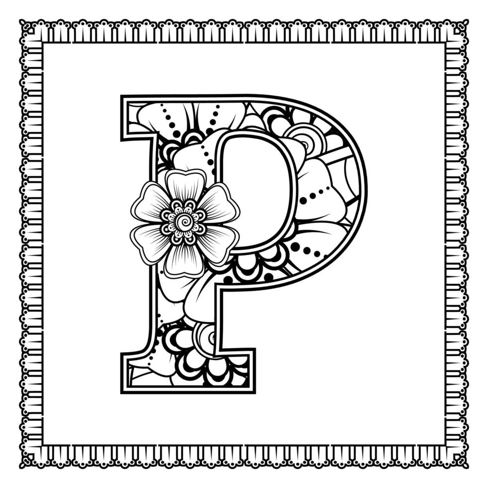 letra p hecha de flores en estilo mehndi. página de libro para colorear. Ilustración de vector de dibujo a mano de contorno.