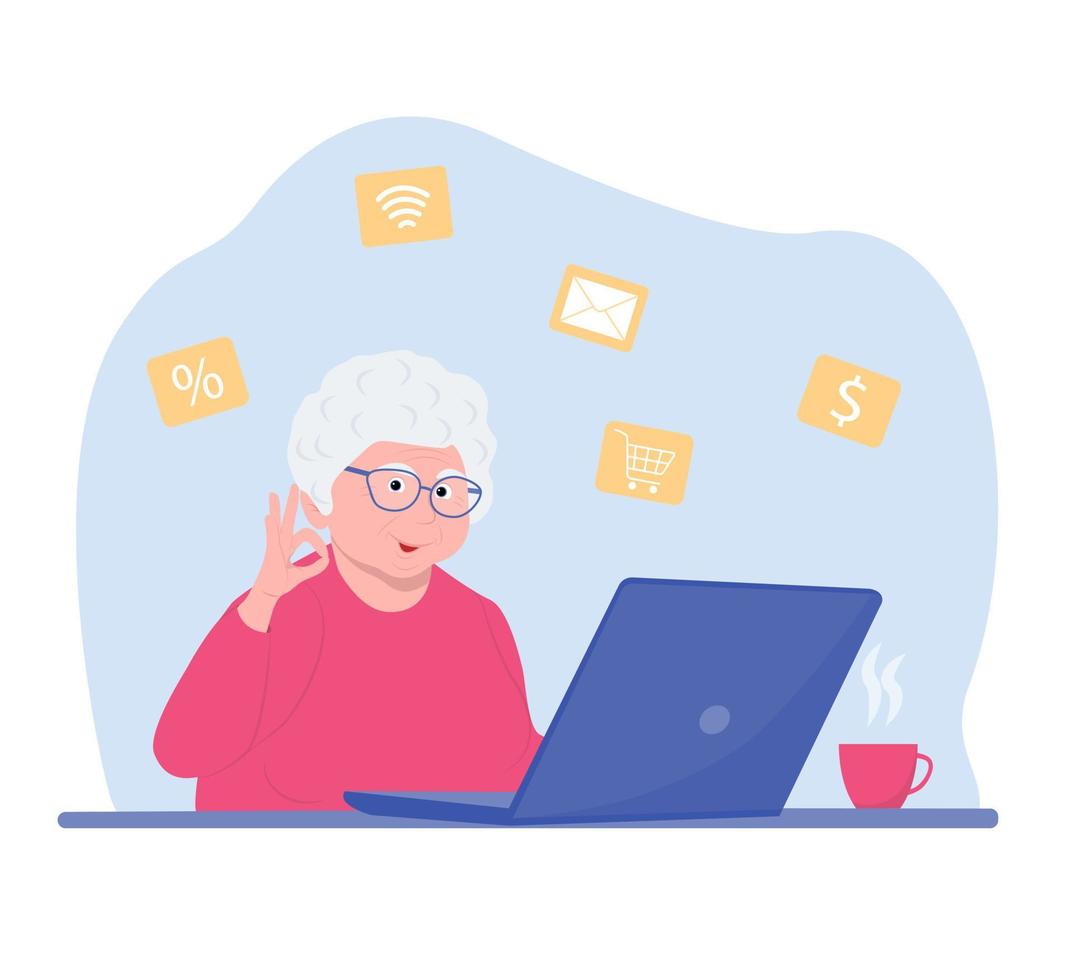 Grandmother at the computer vector