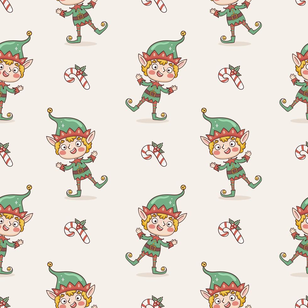 Cartoon christmas seamless pattern with elf boy character in hand drawn style vector