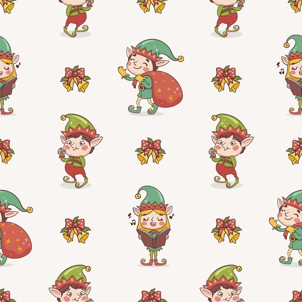 Cartoon christmas seamless pattern with elves characters in hand drawn style vector