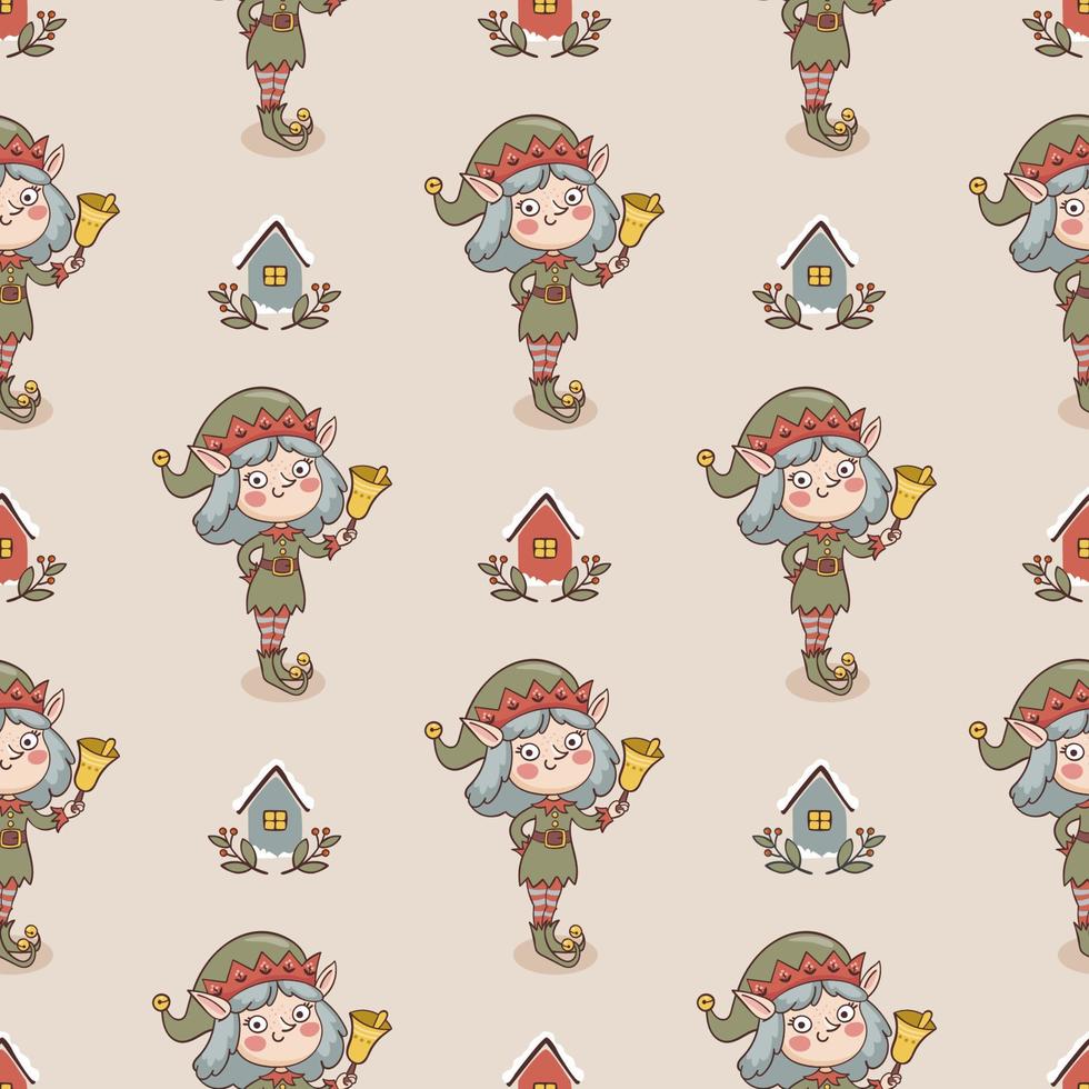 Cartoon christmas seamless pattern with elf boy character in hand drawn style vector