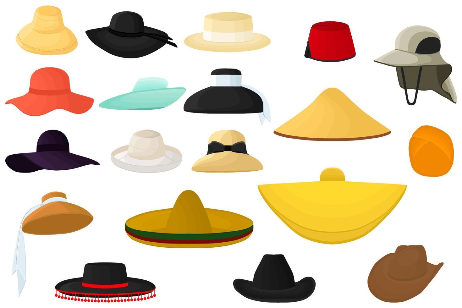 Ilustración sobre el tema del kit grande de diferentes tipos de sombreros. vector