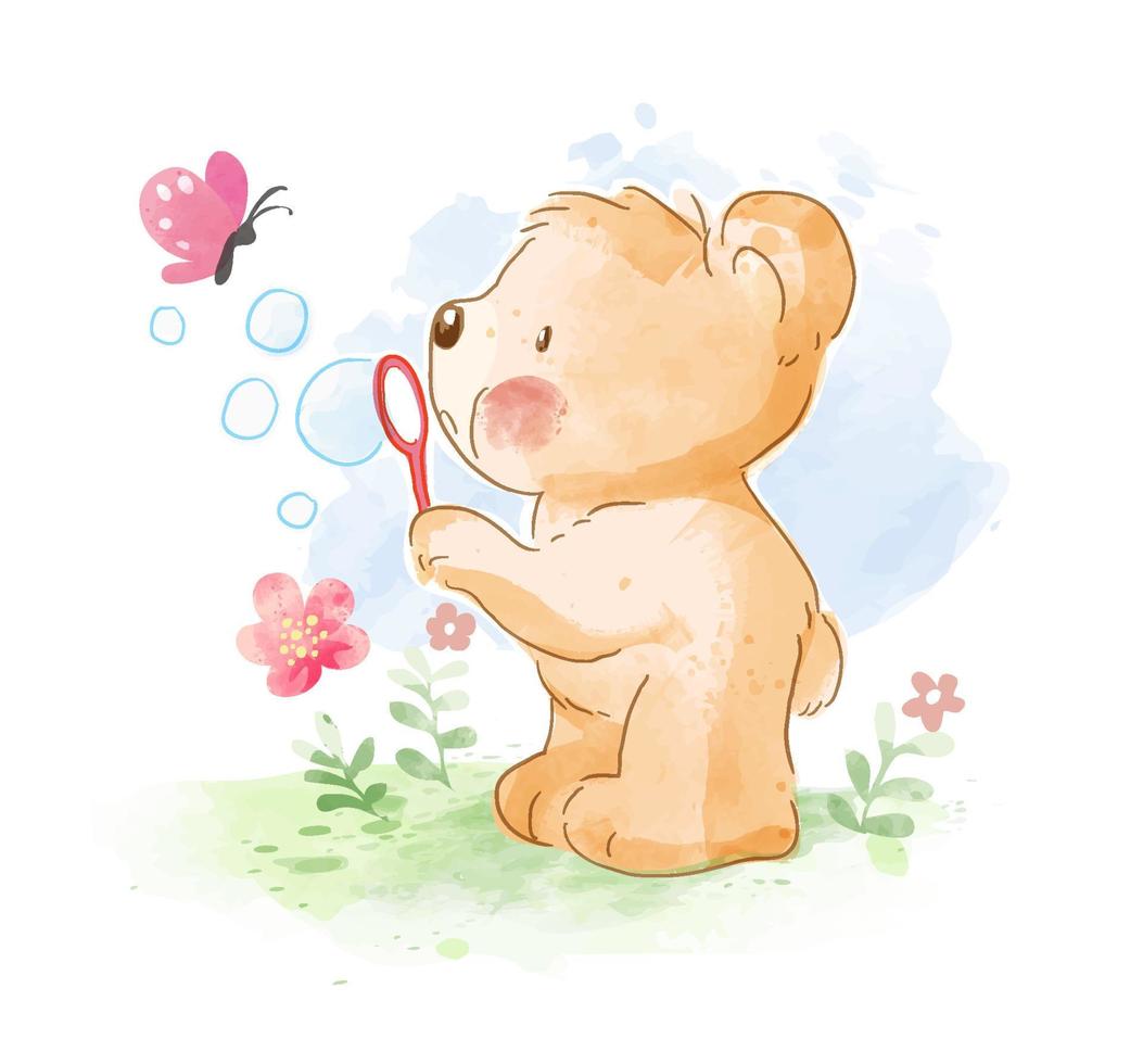 Little bear blowing bubble with little butterfly illustration vector