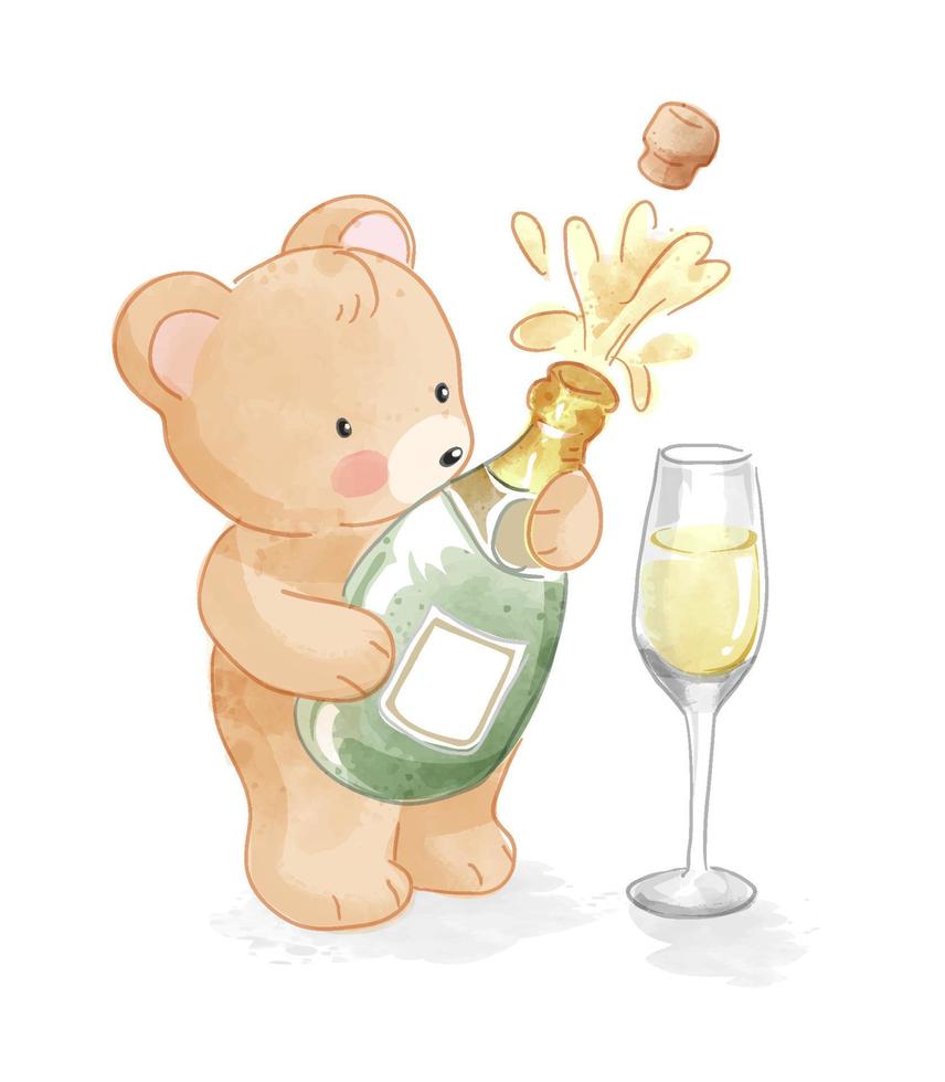 Cute cartoon bear holding champagne bottle illustration vector