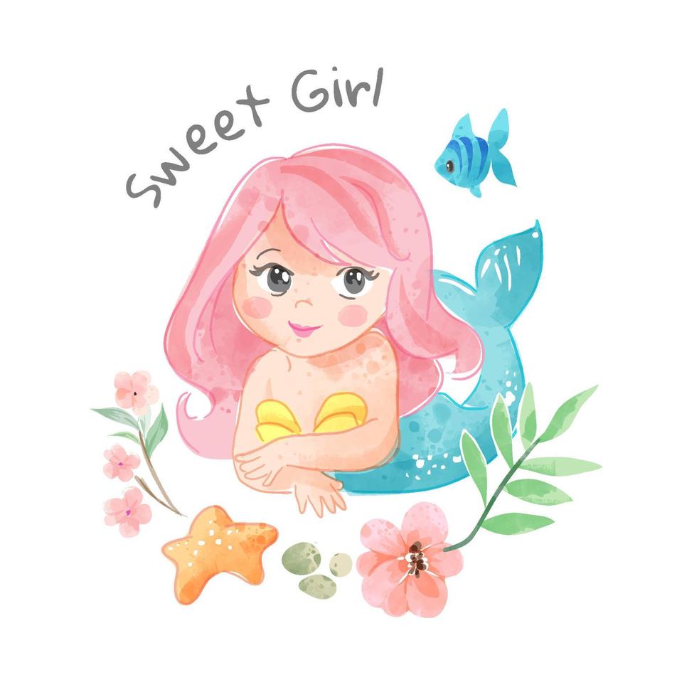 Cute cartoon mermaid with little fish illustration vector