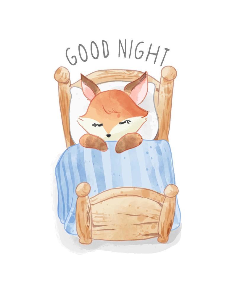 Little fox sleeping on wooden bed illustration vector