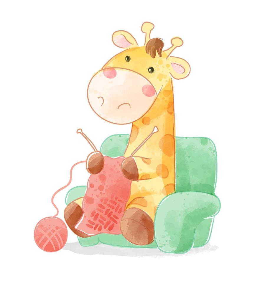 Cute cartoon giraffe crocheting on sofa illustration vector