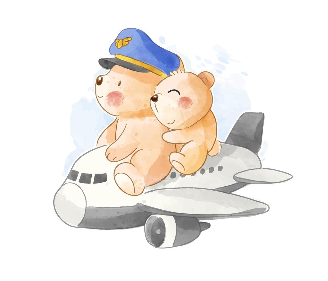 linda pareja piloto de osos montando avión ilustración vector
