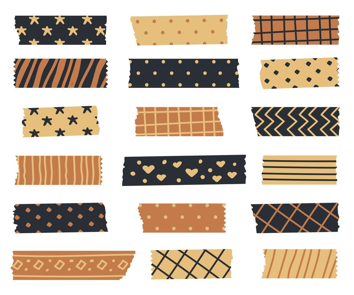 Set of gold with black colors patterned washi tape strips vector