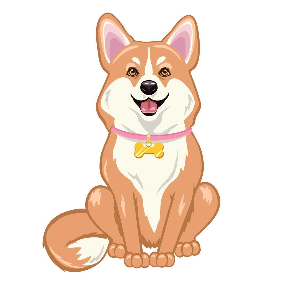 Dog in a collar with his tongue sticking out sits on a white background. vector