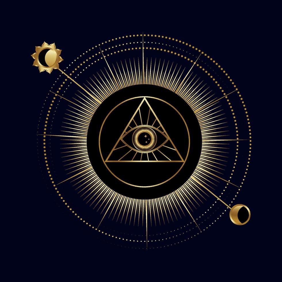 All-seeing eye in a triangle with sun and moon. Symbol of religion, spirituality, occultism. Vector illustration isolated on a dark background.