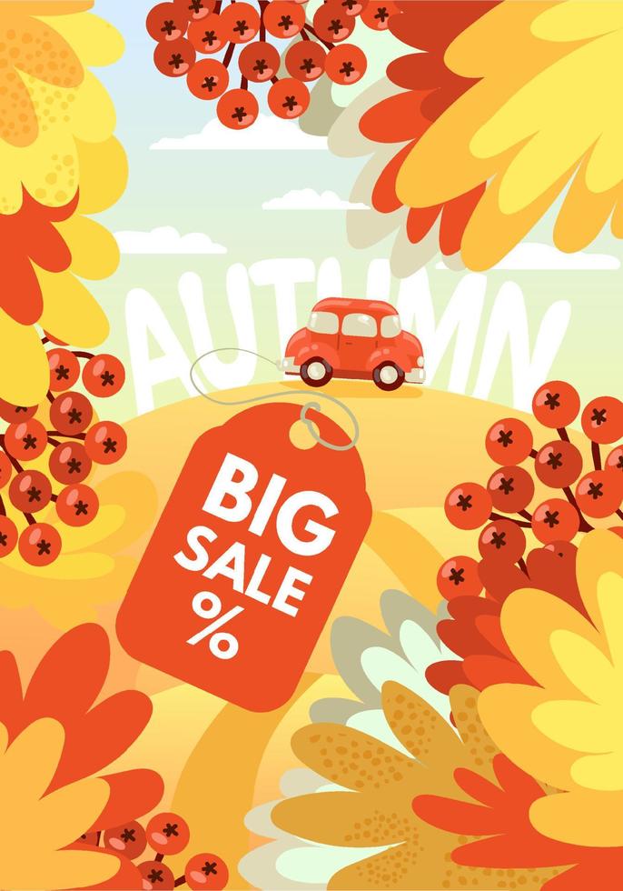 Autumn sale. Autumn landscape background layout with leaves, berries and red car for sale poster or web banner. vector