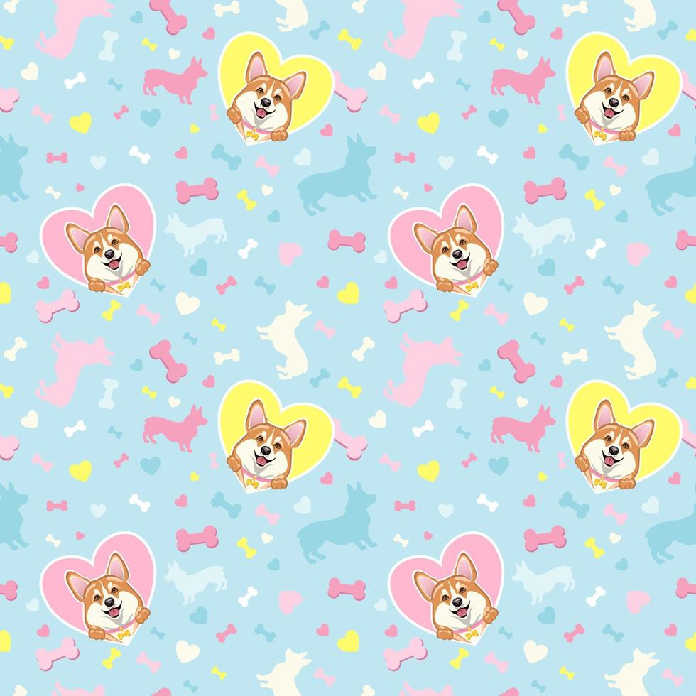 Simless pattern silhouette welsh corgi dog with a pink heart and favorite bones. vector