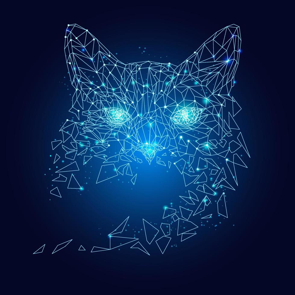 Cat head made of polygonal lines and dots. Polygonal mosaic. vector