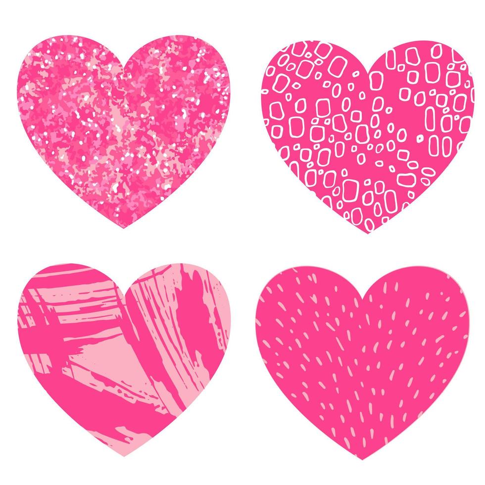 Set of hand drawn pink, red vector hearts isolated on white background