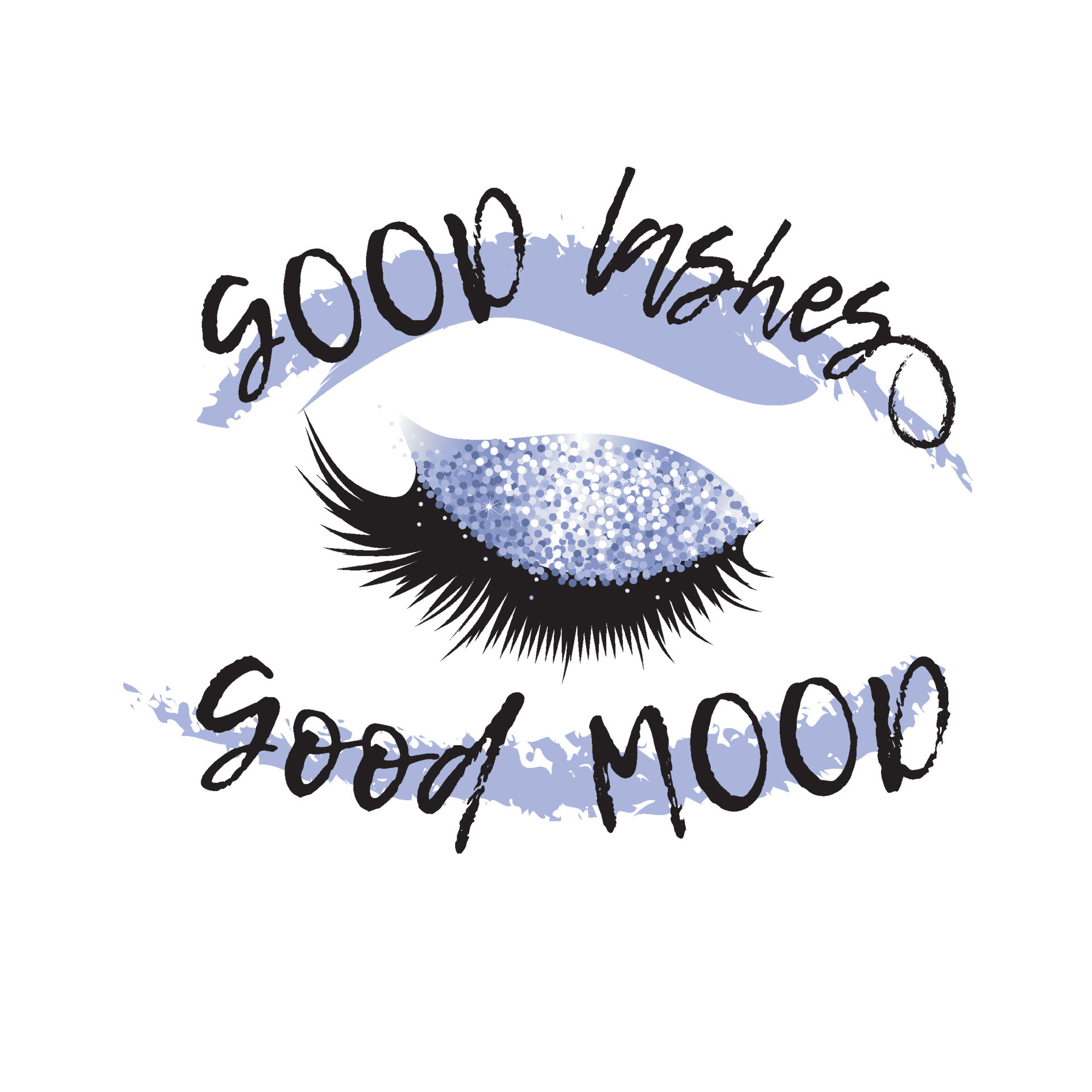 Women's fluffy eyelashes with the quote GOOD eyelashes good MOOD. The image of a closed eye