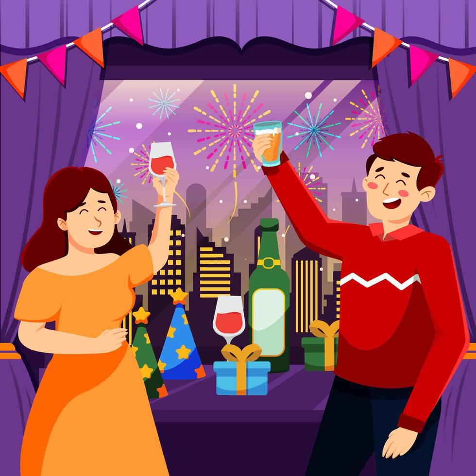 pareja celebrando la fiesta de año nuevo en casa vector