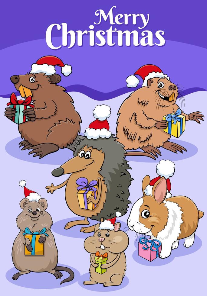 greeting card cartoon illustration with animals on Christmas time vector