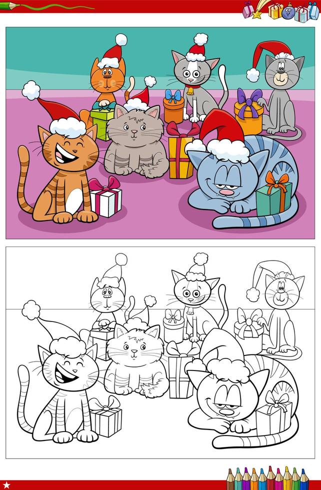 Personajes de dibujos animados gato en tiempo de Navidad página de libro para colorear vector