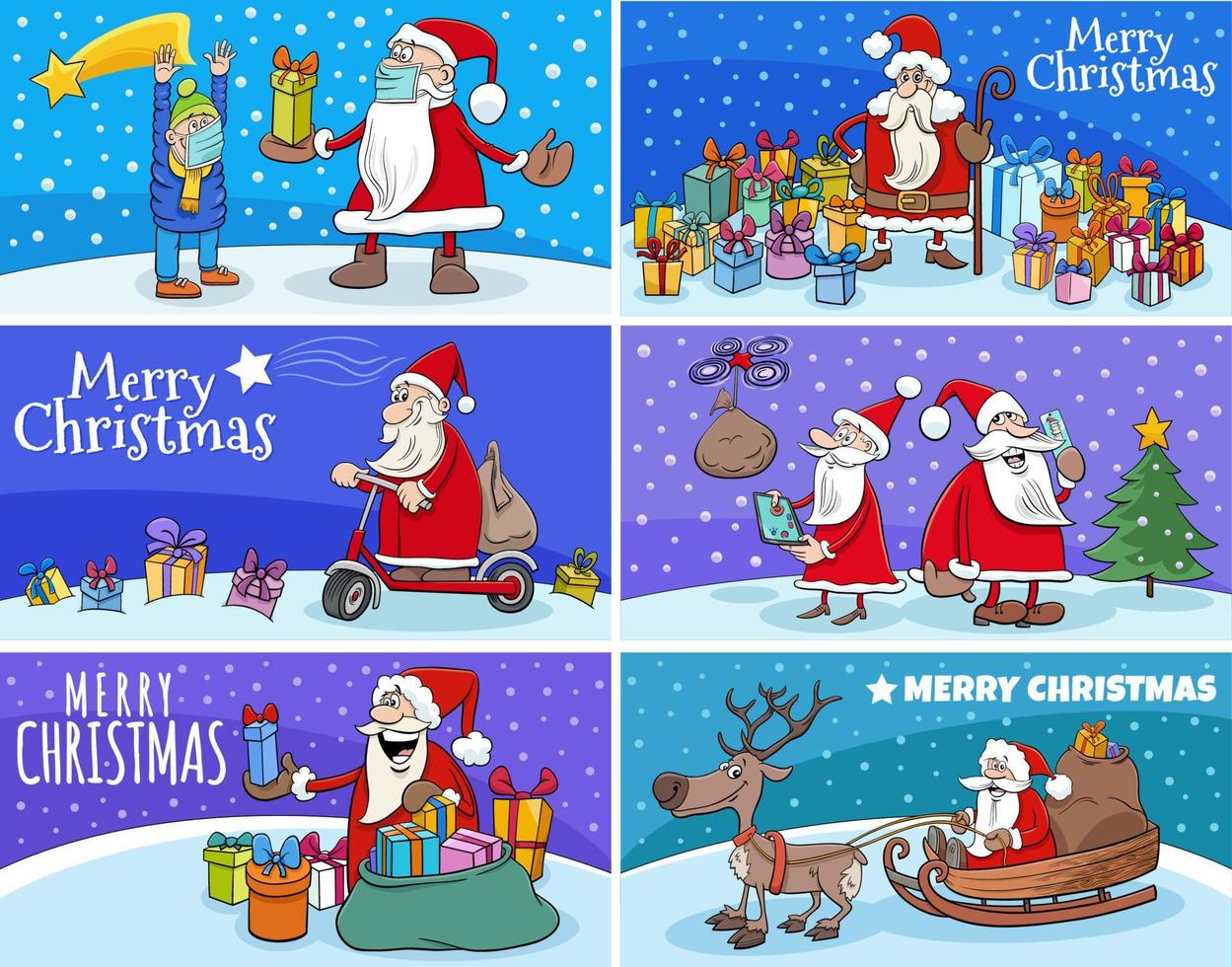 Christmas greeting cards set with cartoon Santa Claus characters vector