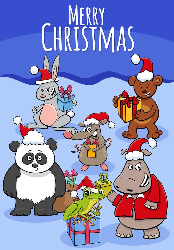 greeting card illustration with cartoon animals on Christmas time vector