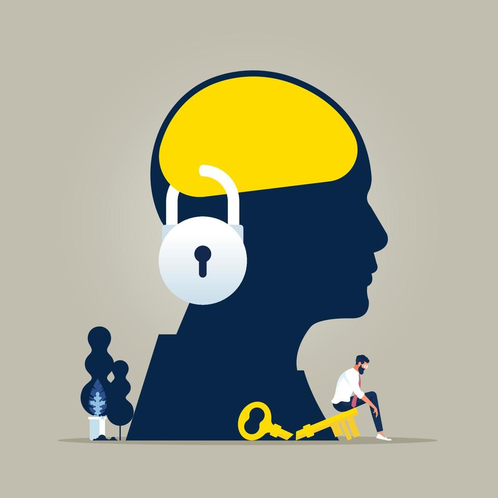 Chain and lock in human head, Illustration about fixed mindset and negative think, lock closed Brain head and idea vector