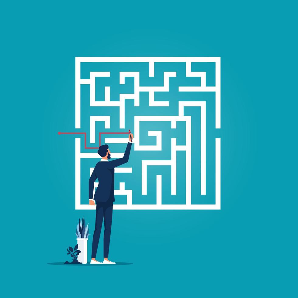 Business solution vector concept with businessman finding way through maze. Symbol of genius, planning, strategy