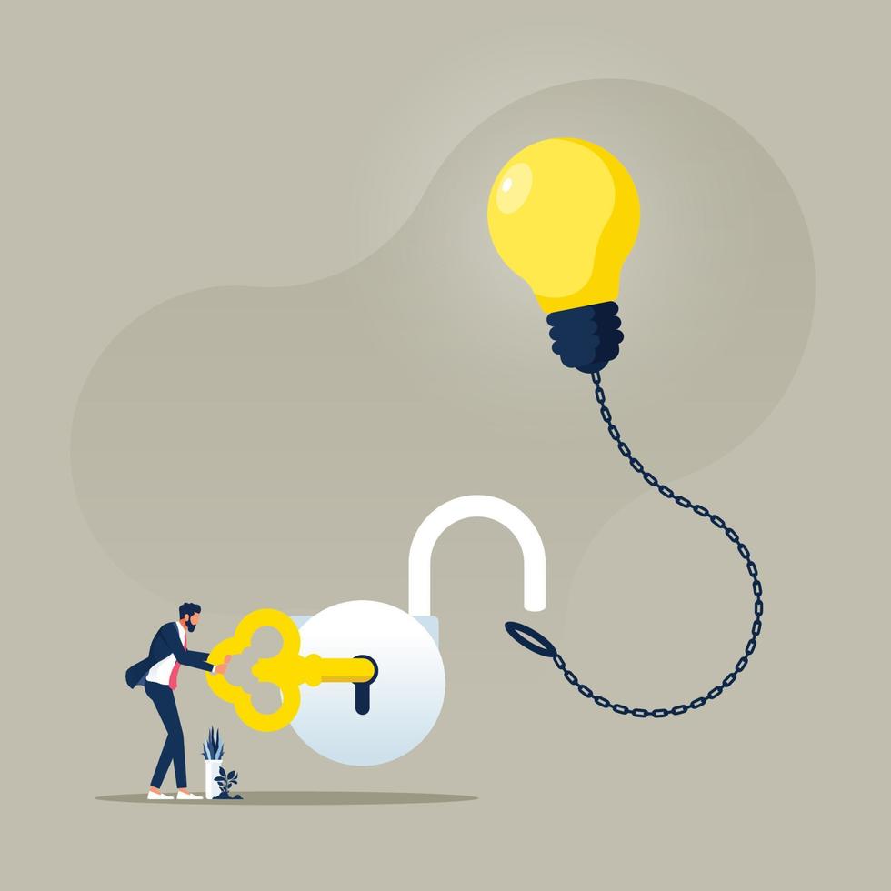 Creative idea and  key to success concept, businessman take key for unlock light bulb idea, business solution vector