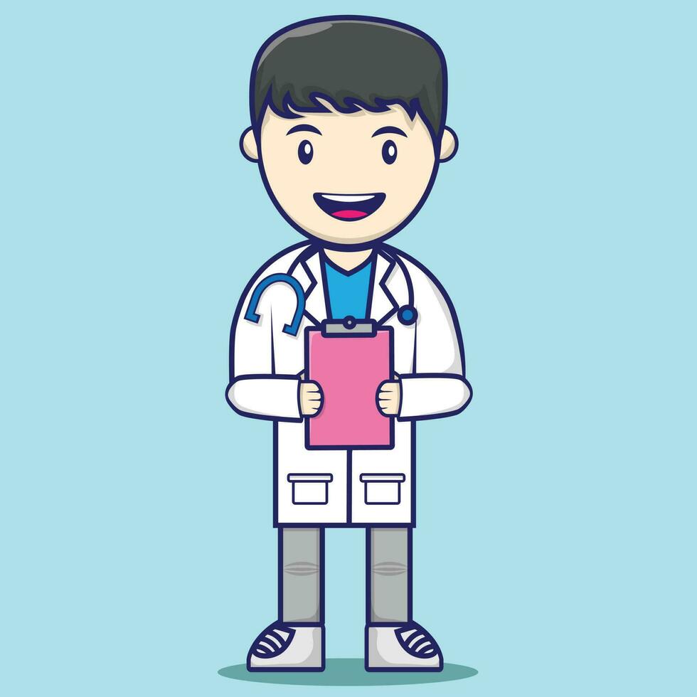 Ilustración de icono de vector de dibujos animados lindo médico joven