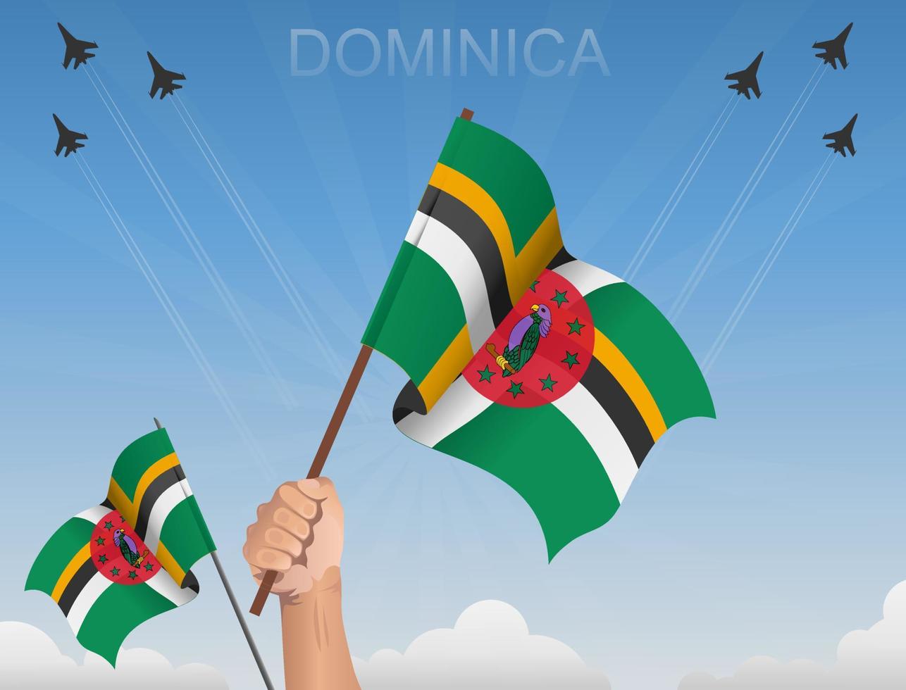 dominica banderas ondeando bajo el cielo azul vector