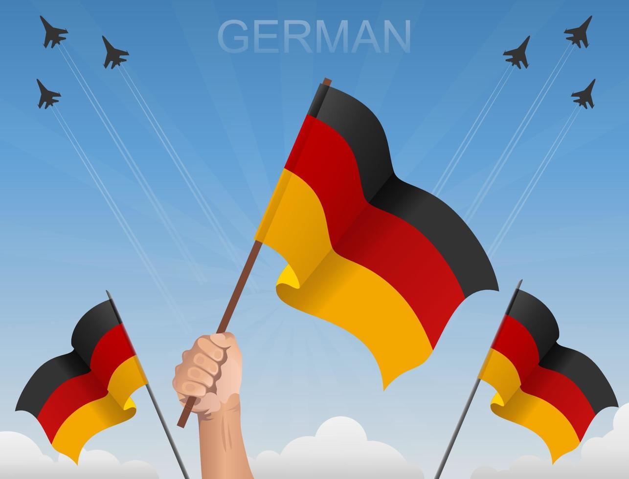 banderas alemanas volando bajo el cielo azul vector