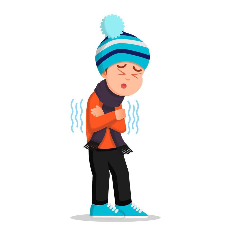 A boy in winter clothes feels cold vector