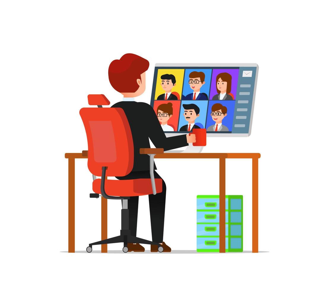 A man having video conference group with his corporate team vector