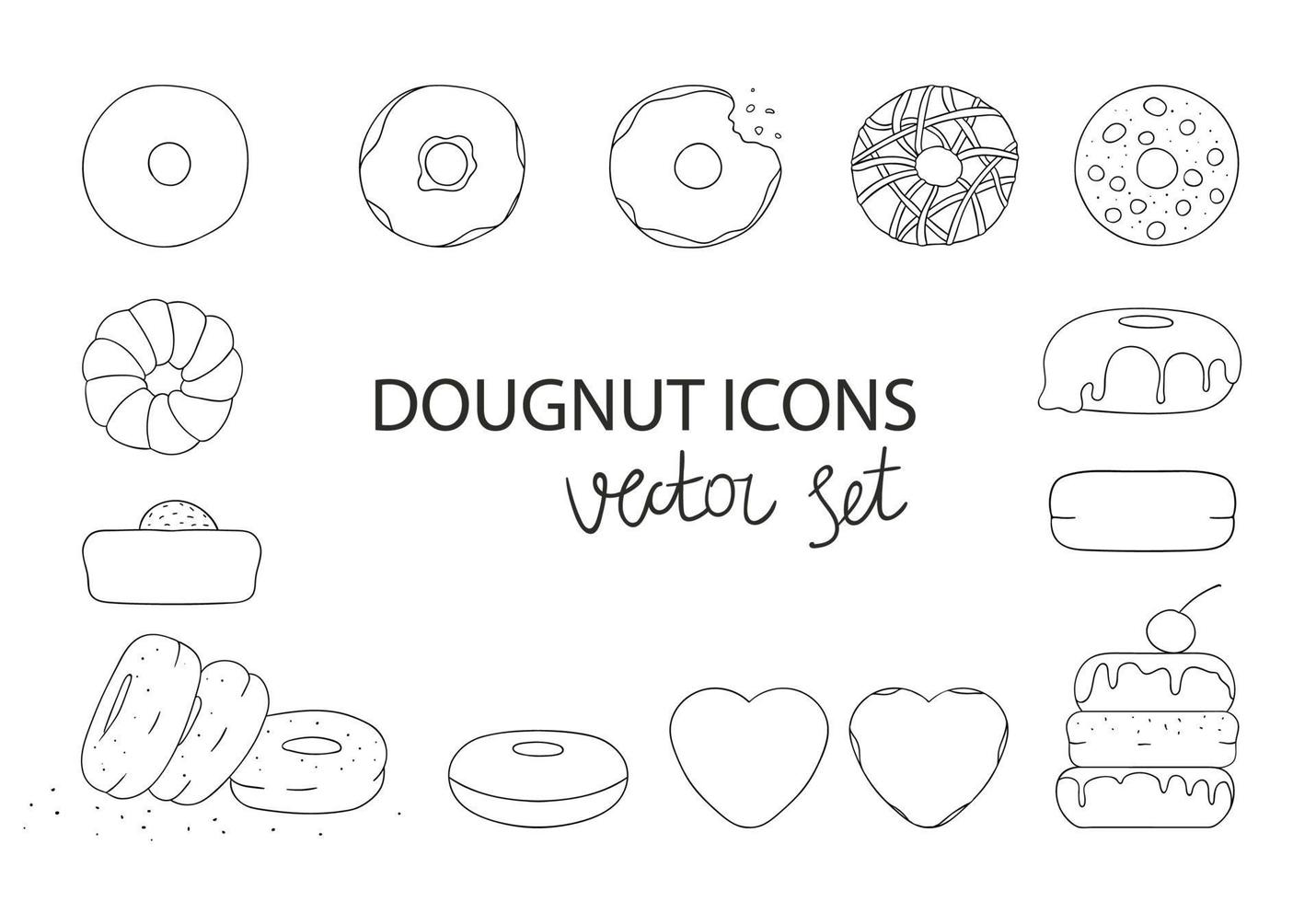 Vector illustration of black and white doughnuts. Donuts set. Linear art collection of sweet bakery goods. Graphic drawing of cakes
