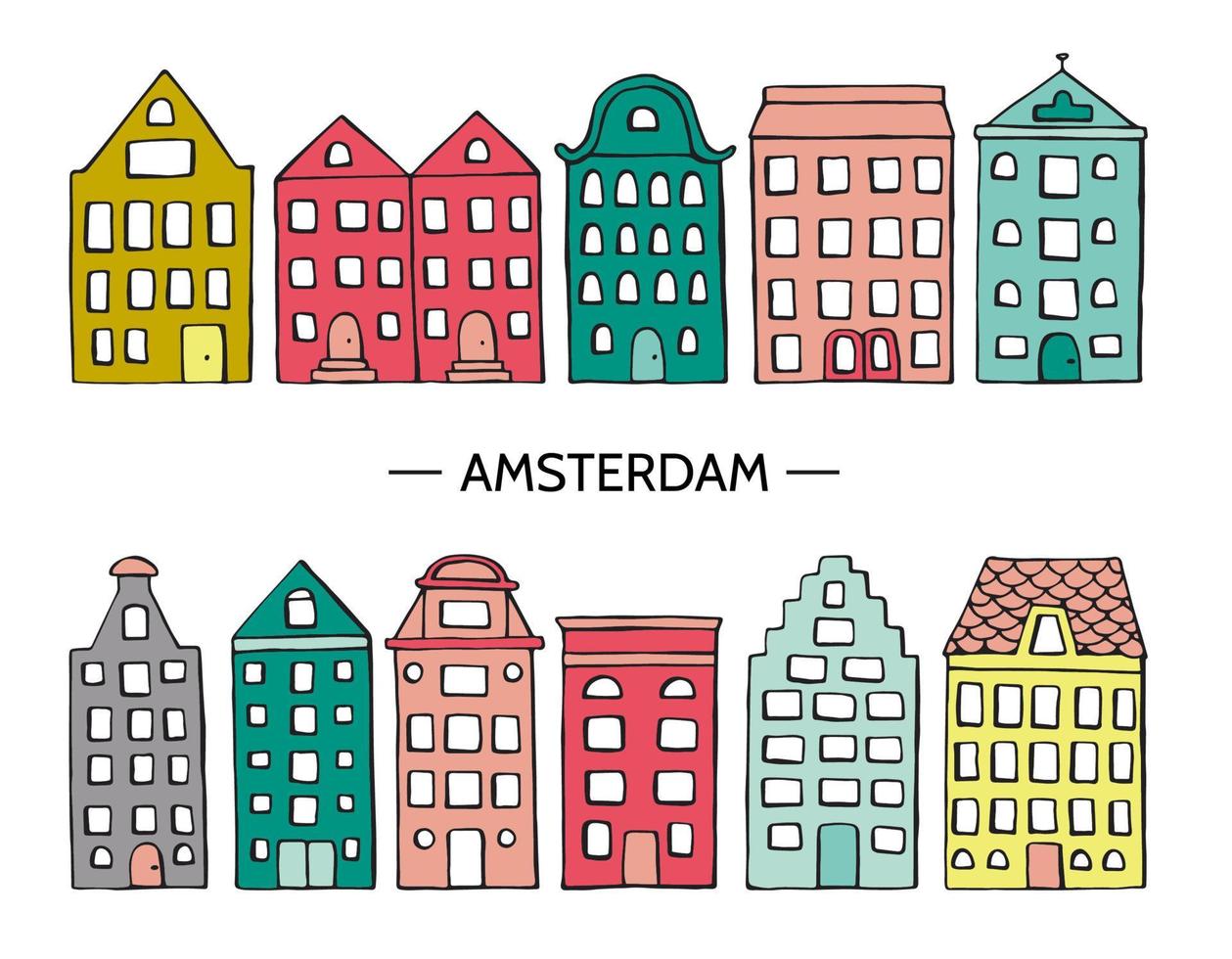 Vector illustration of cute houses. Amsterdam street icons collection. Bright hand drawn set of Holland style buildings
