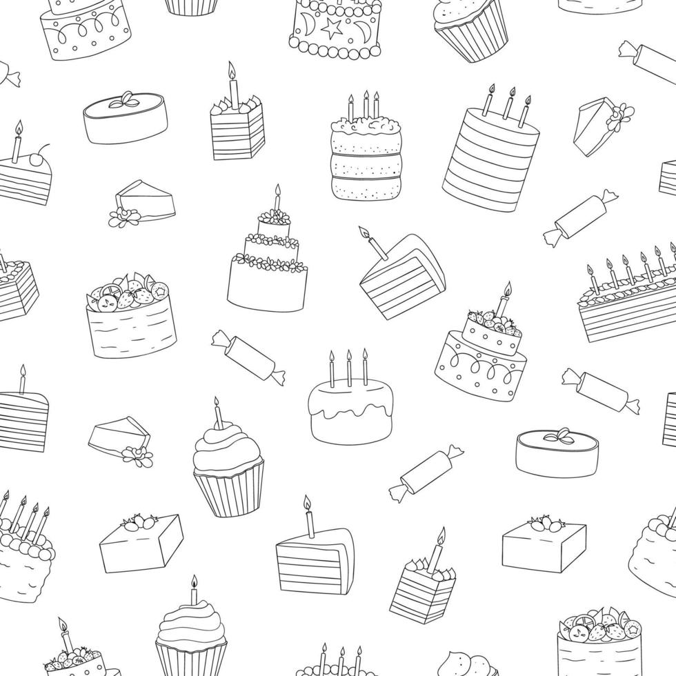 Vector seamless pattern of black and white cakes with candles. Birthday repeat backdrop. Linear art repeat texture of sweet bakery goods. Graphic drawing of cakes and candies