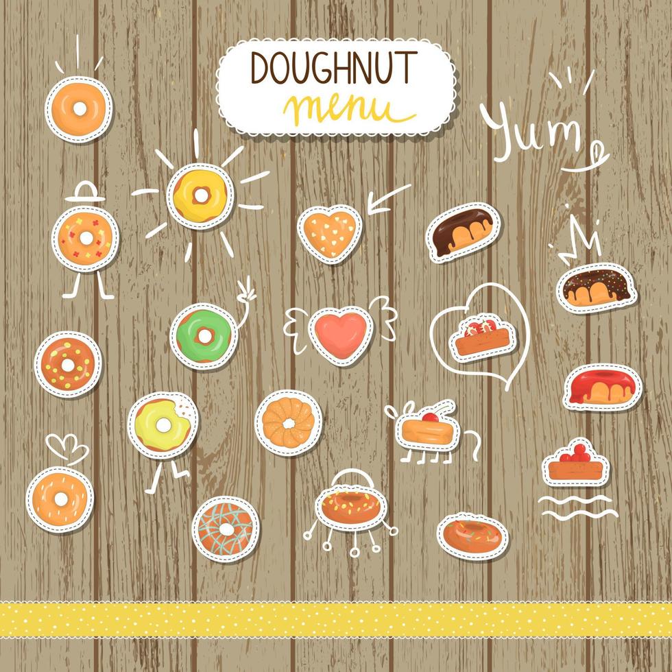 ilustración vectorial donut en estilo de dibujos animados. ilustraciones brillantes y lindas de rosquilla. lindas pegatinas para menú de cafetería o papelería. Etiquetas de pastelería fresca sobre fondo de madera natural vector