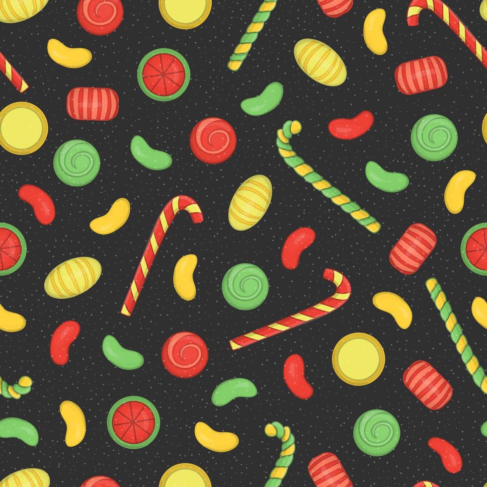 Vector de patrones sin fisuras de colores de elementos de Navidad o año nuevo sobre fondo negro con textura. colorido fondo repetitivo con dulces, polo, bastón de caramelo.