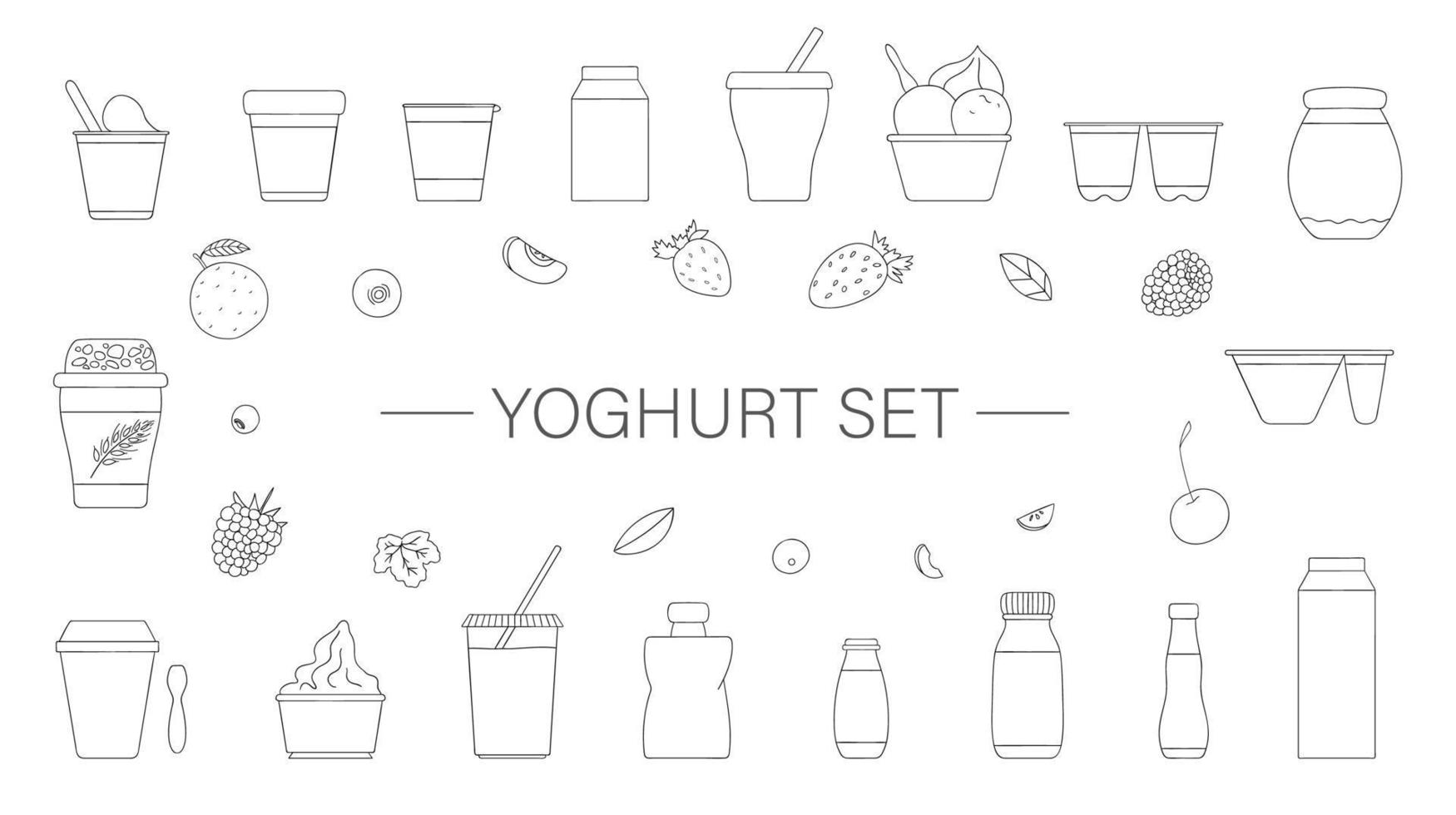 Vector set of different kinds of yoghurt with fruit and berry. Hand drawn set of organic fresh dairy products isolated on white background. Natural food line drawing. Black and white illustration