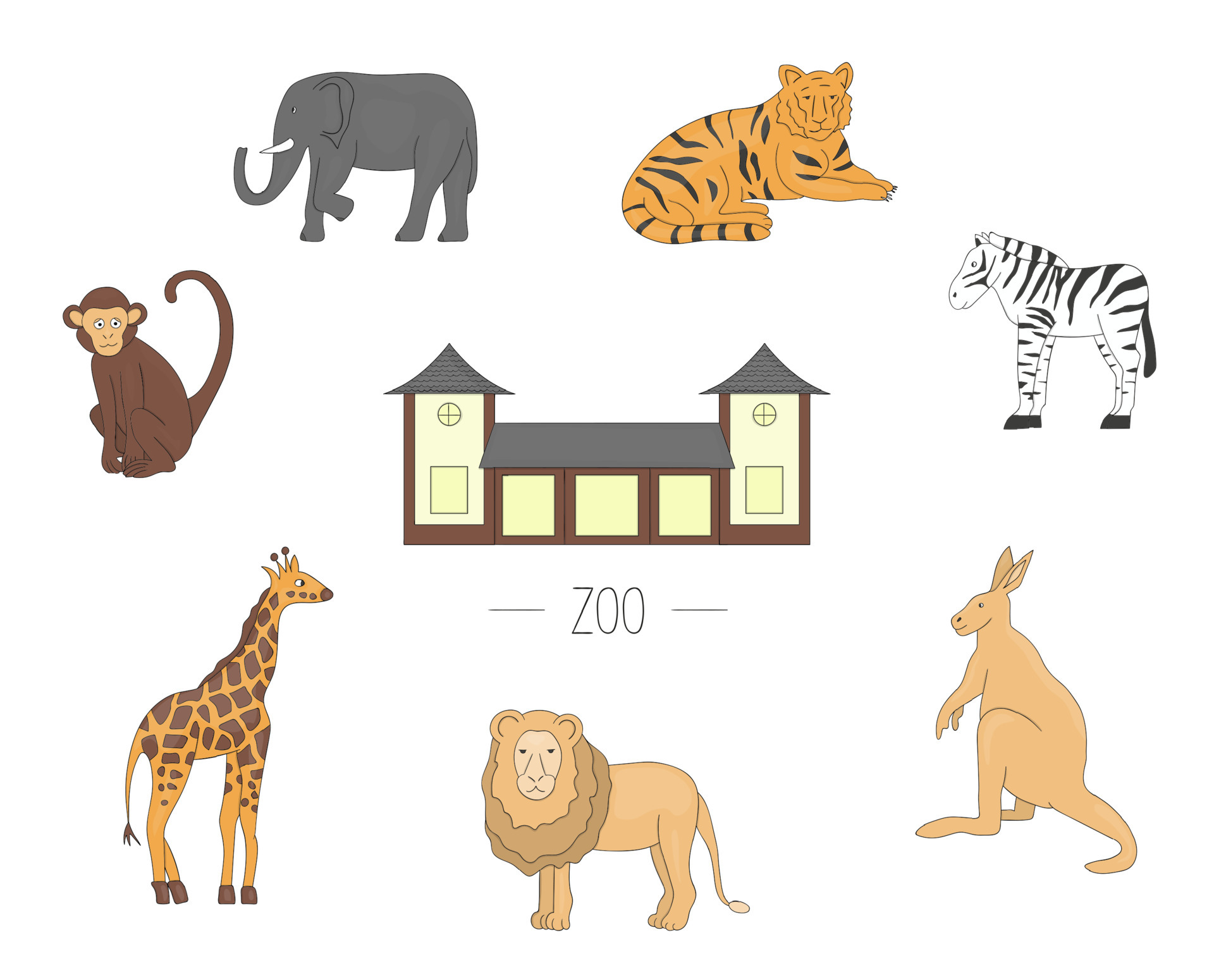 Vector illustration zoo animals isolated on white background. Colored set  of giraffe, tiger, elephant, lion, zebra, monkey, kangaroo. Picture of zoo  for children. 4396480 Vector Art at Vecteezy