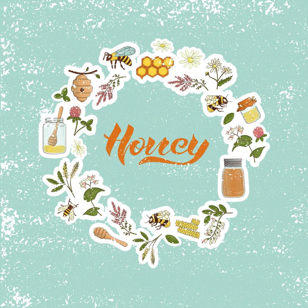 Vector colored set of honey elements framed in circle. Natural organic honey vector banner with lettering. Colorful honey stickers collection isolated on textured background.