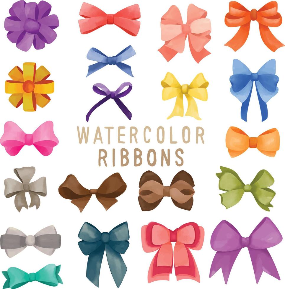 Set of watercolor painted Ribbon, Ribbon clipart. Hand drawn isolated on white background vector