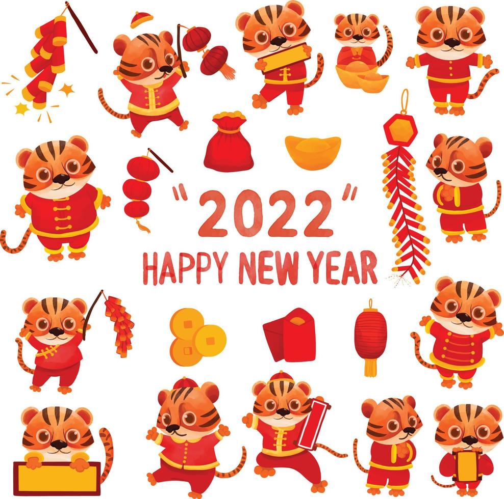 conjunto de tigre pintado de acuarela, año del tigre, feliz año nuevo 2022 imágenes prediseñadas. dibujado a mano aislado sobre fondo blanco vector