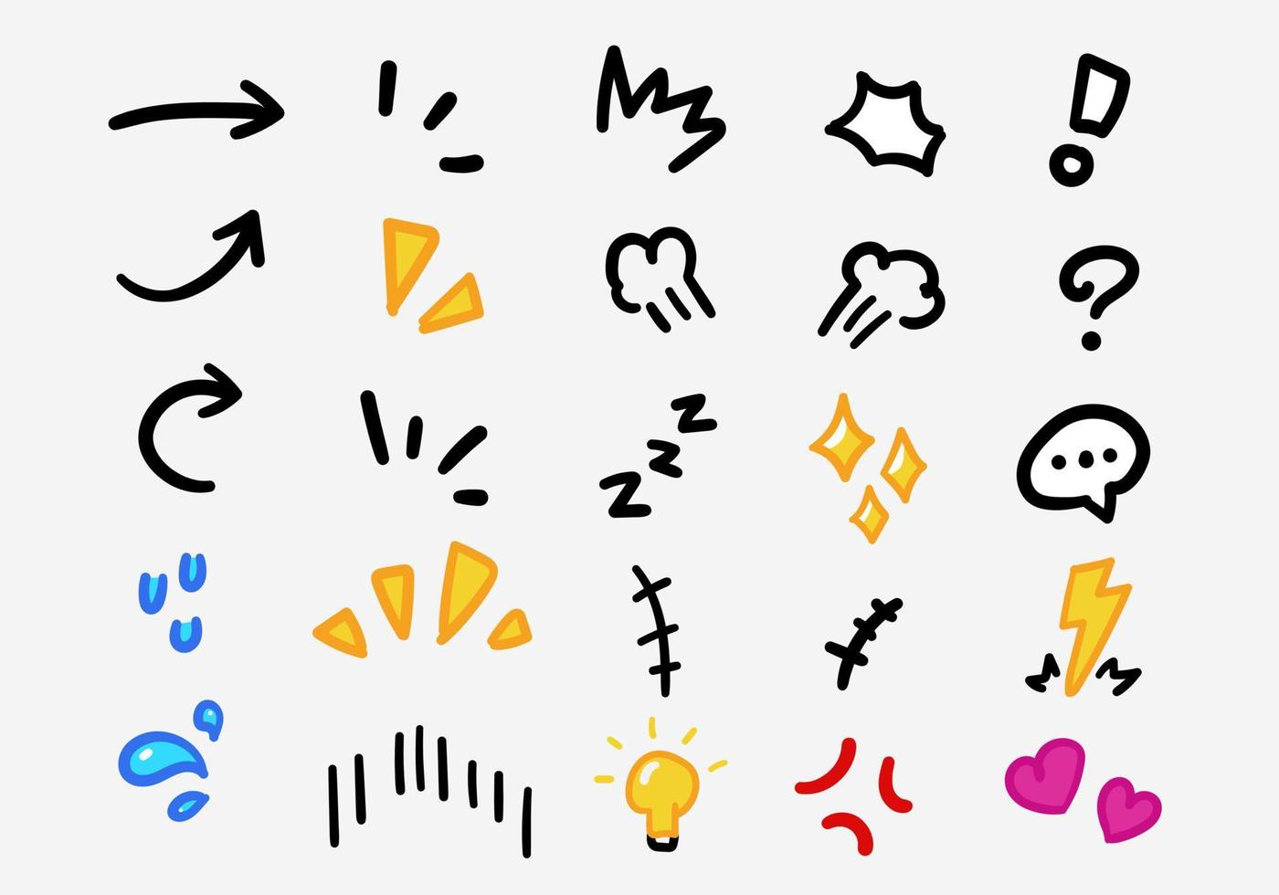 Conjunto de vectores de doodle de signo de expresión de dibujos animados  dibujados a mano, flechas