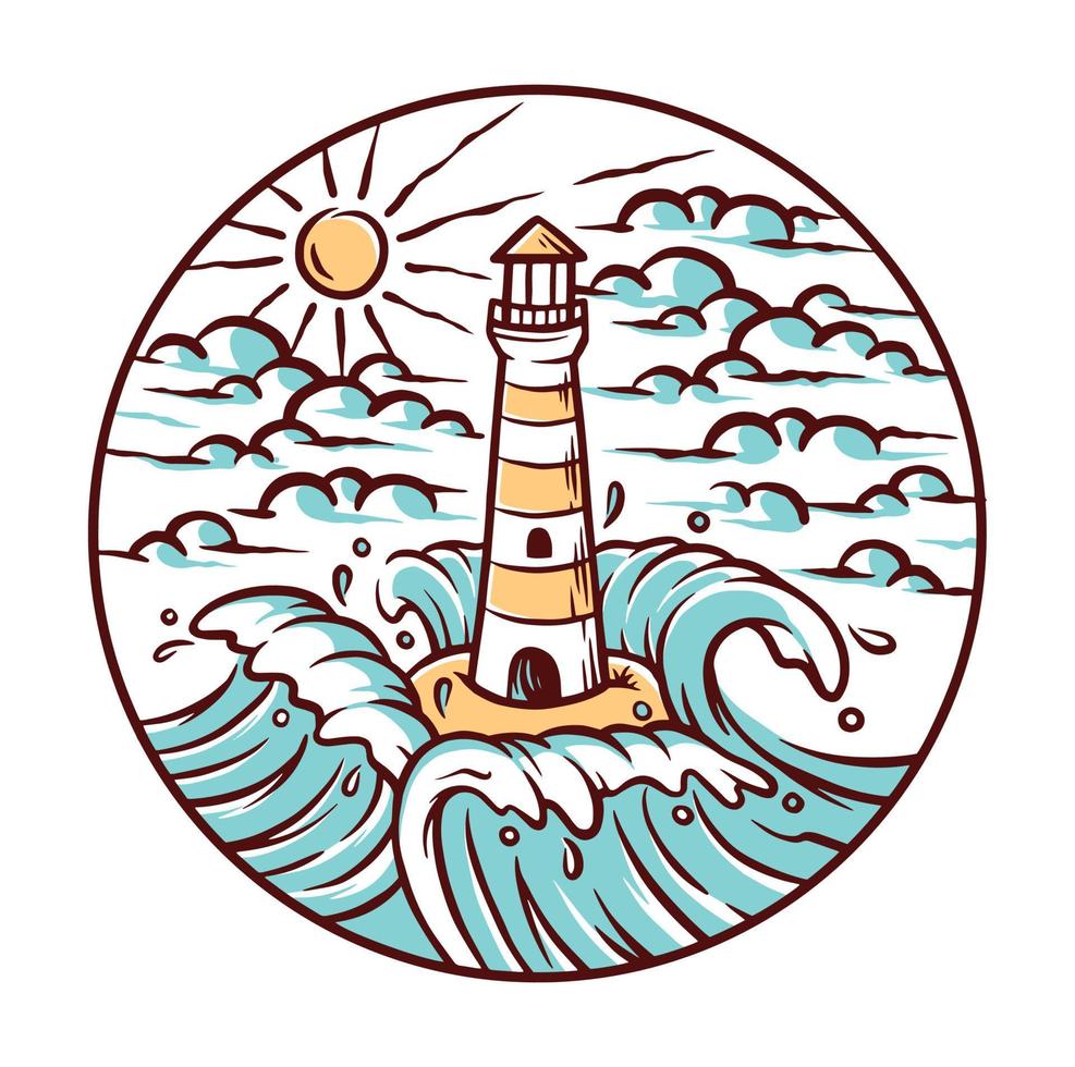 views of lighthouse and waves illustration vector