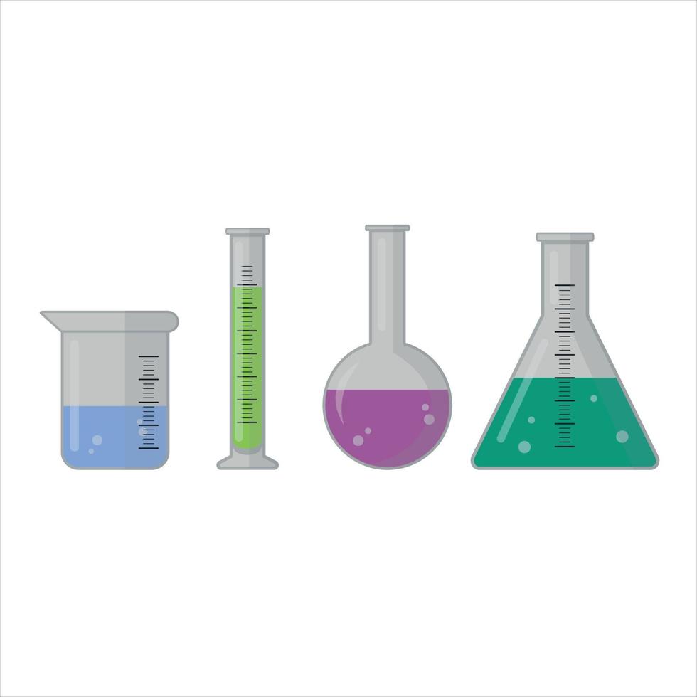 Set of science lab equipment. Beakers, flasks and test tubes for scientific experiments. Vector Illustration isolated on white background.