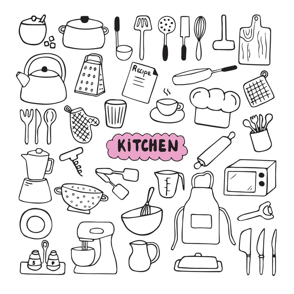 Set of kitchen tools doodles. Hand drawn kitchen equipments. Vector illustration on white background. Vector illustration for restaurant menu, recipe book, and wallpaper.