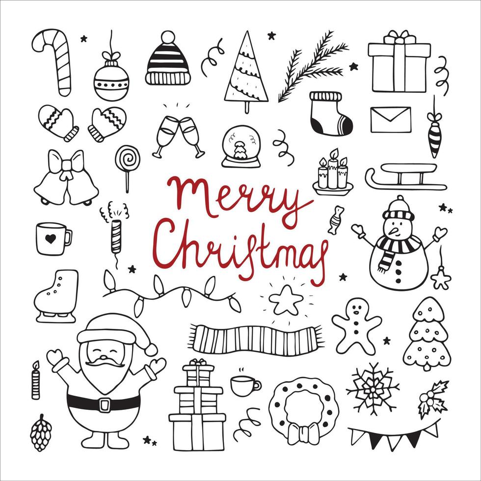 Set of Merry Christmas, Happy New Year design doodle elements. Hand drawn vector illustration in doodle style isolated on white background