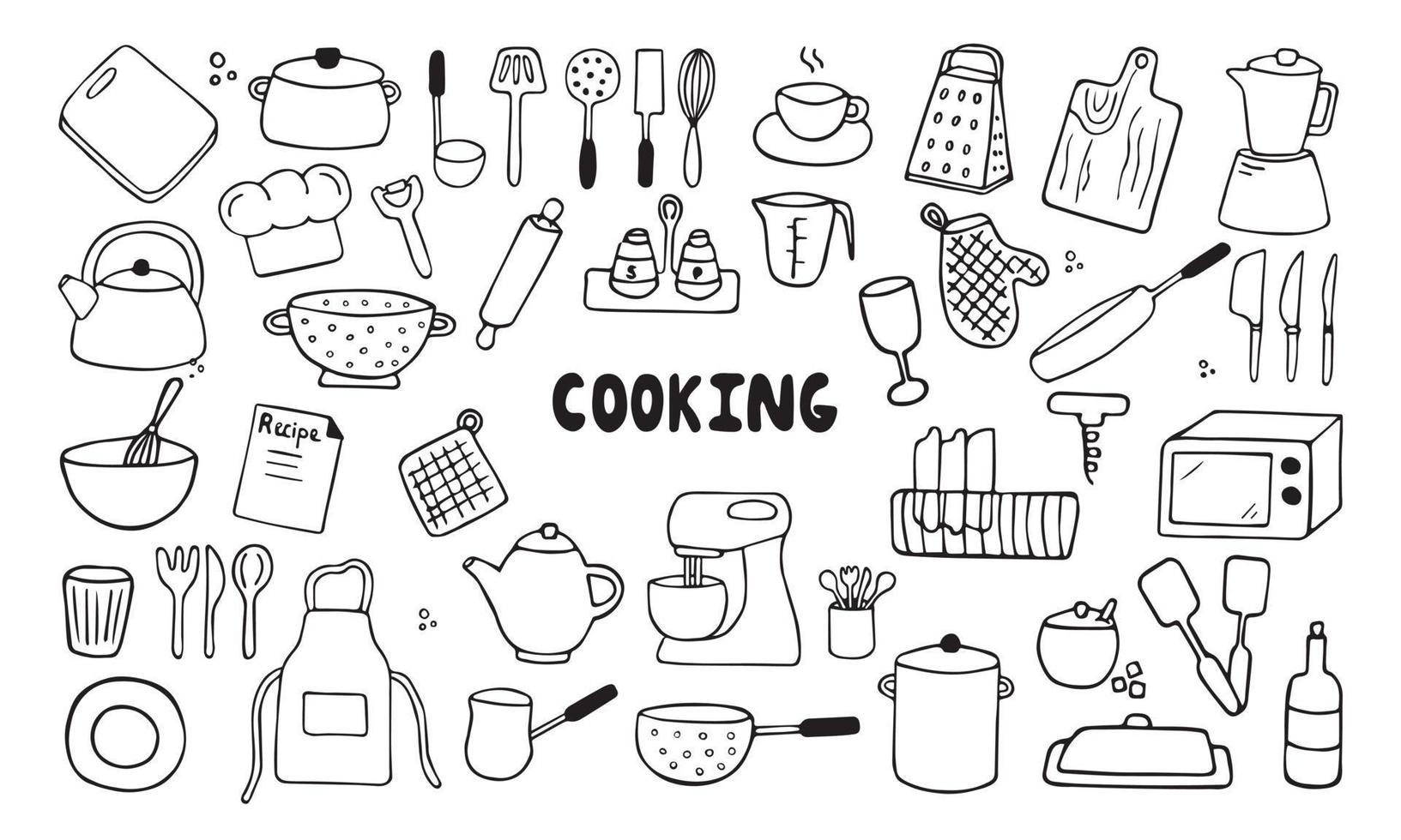 conjunto de garabatos de herramientas de cocina. equipos de cocina dibujados a mano. Ilustración vectorial sobre fondo blanco. ilustración vectorial para el menú del restaurante, el libro de recetas y el papel tapiz. vector